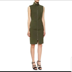 L'Agence Mock-Neck Front-Zip Dress in Olive Green